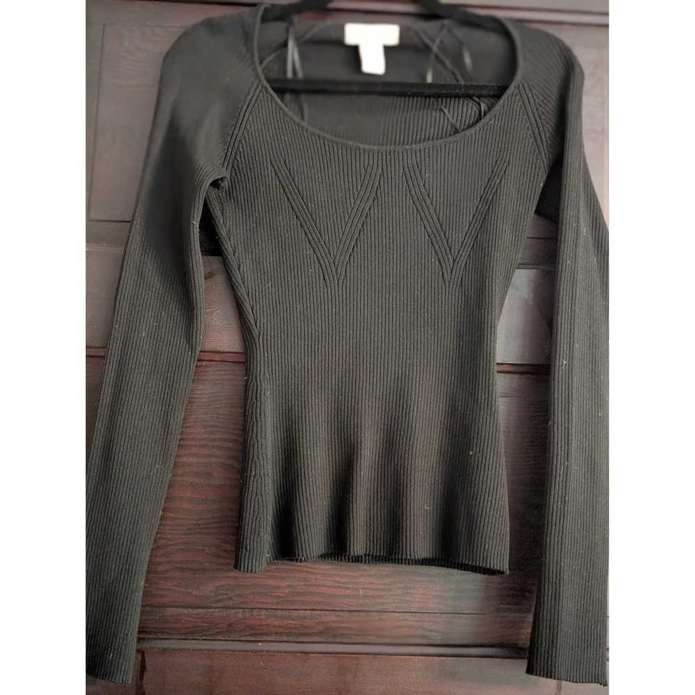 H&M Black Ribbed Knit Scoop Neck Long Sleeve Top Small Fitted Chevron Sweater